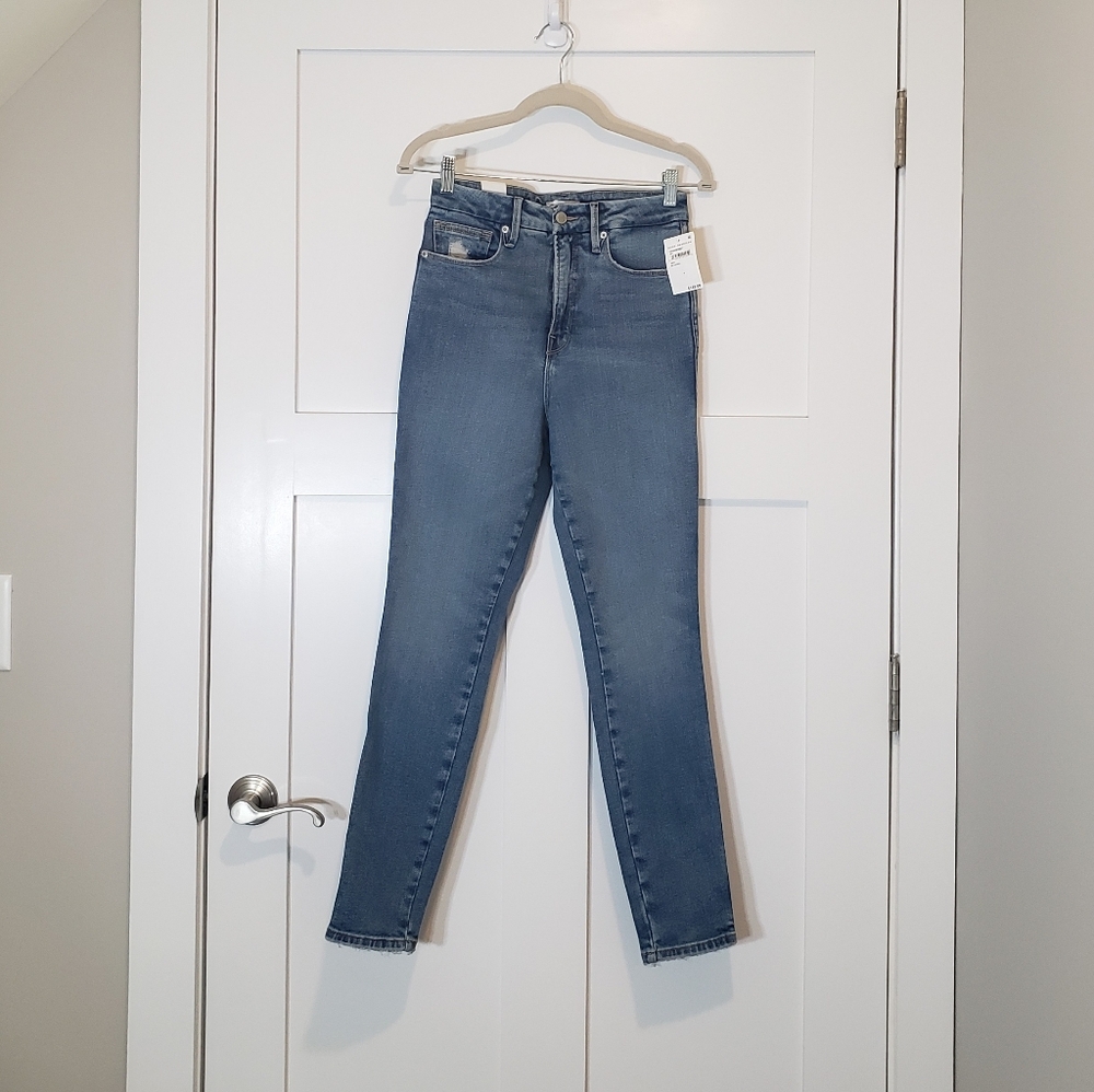 Good American Good Curve Skinny High Rise Blue Jeans Light Distressed  Size 4/27